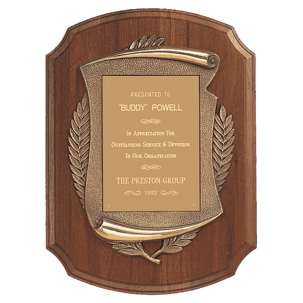 Walnut Notch Corner Plaque w/Antique Bronze Scroll/Brushed Brass 11" x 15" American Plate