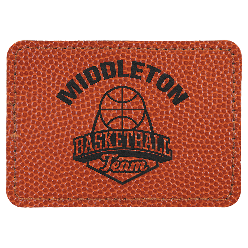 Basketball 3 1/2" x 2 1/2" Laserable Leatherette Rectangle Patch with Kota Pro Adhesive