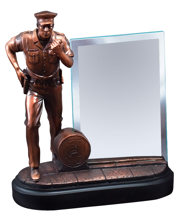 Police Officer In Action With Glass Engraving Plate