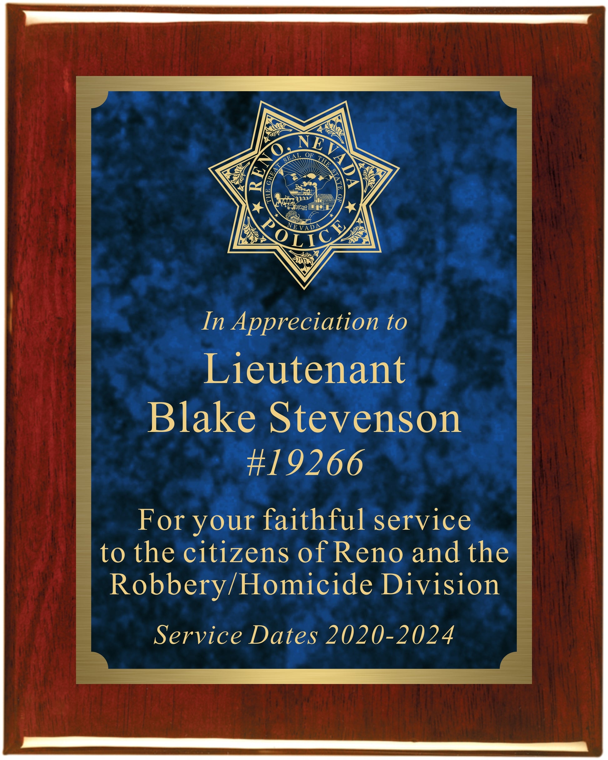 Premium Solid Hardwood Plaque with Blue and Gold Marble Texture Plate
