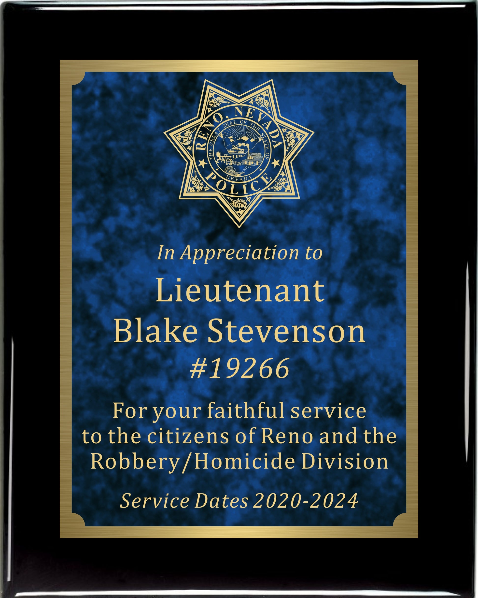 Premium Solid Hardwood Plaque with Blue and Gold Marble Texture Plate