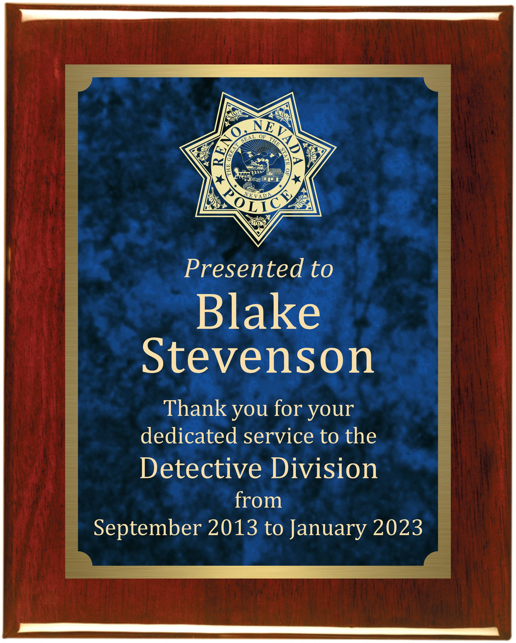 Premium Solid Hardwood Plaque with Blue and Gold Marble Texture Plate
