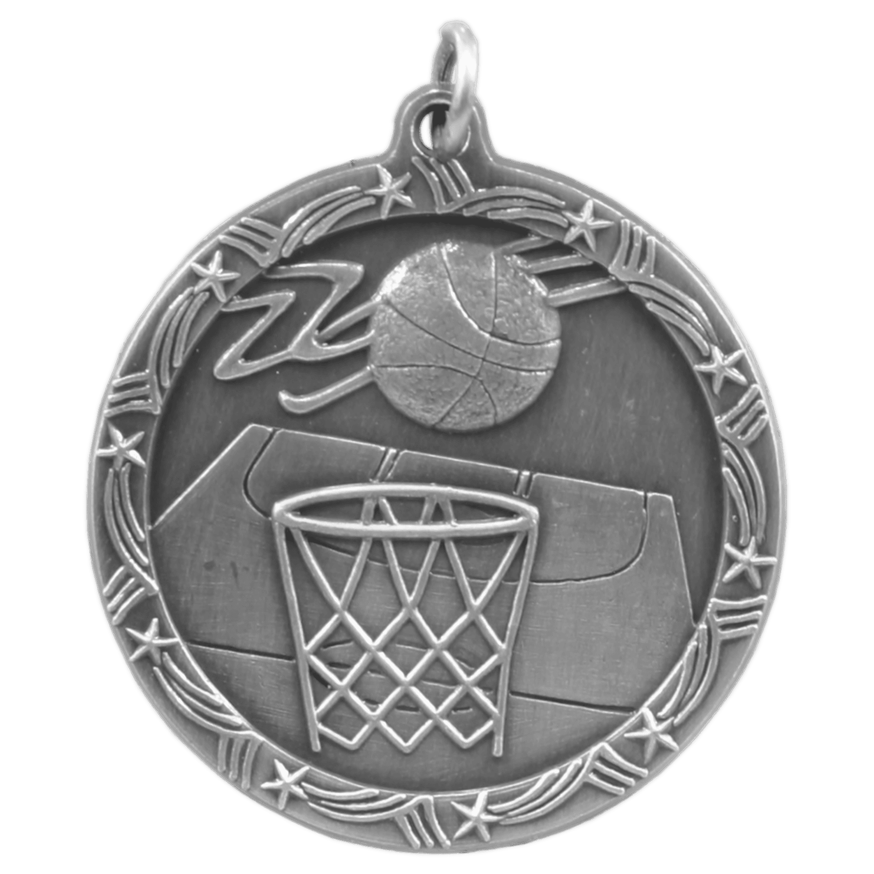 Antique Silver 1 3/4" Basketball Shooting Star Medal