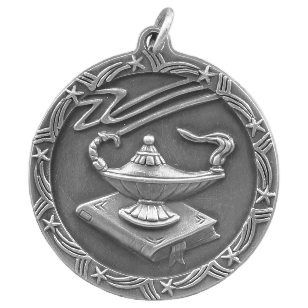 Antique Silver 1 3/4" Lamp of Knowledge Shooting Star Medal