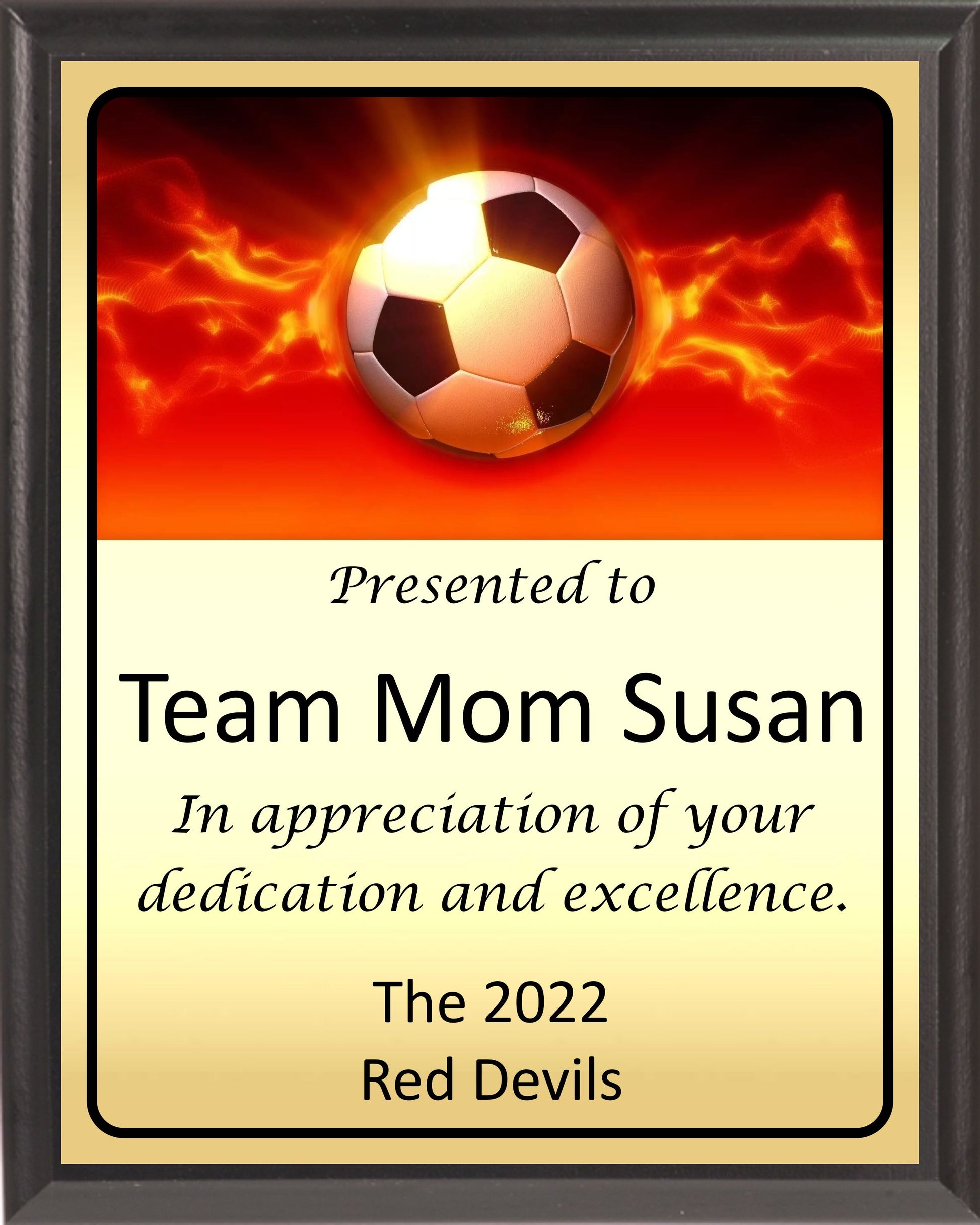 Red Flames Soccer Ball Plaque
