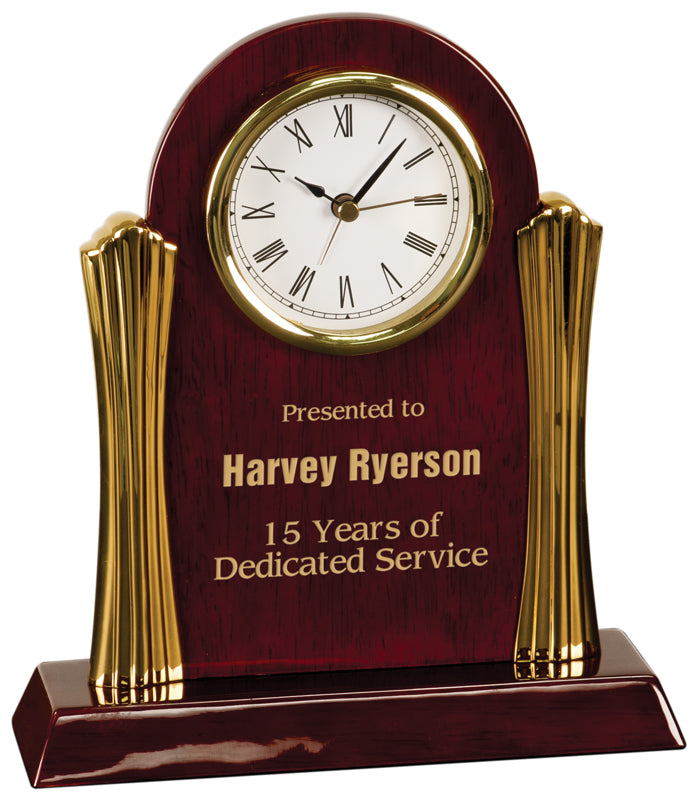 8 1/4" x 7 1/2” Rosewood Piano Finish Clock with Gold Columns