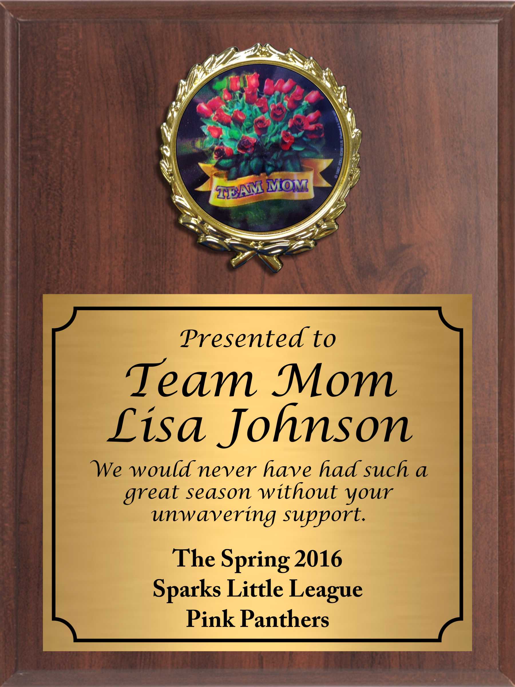 Economy Heat Transfer Team Mom Plaque with Red Roses Medallion