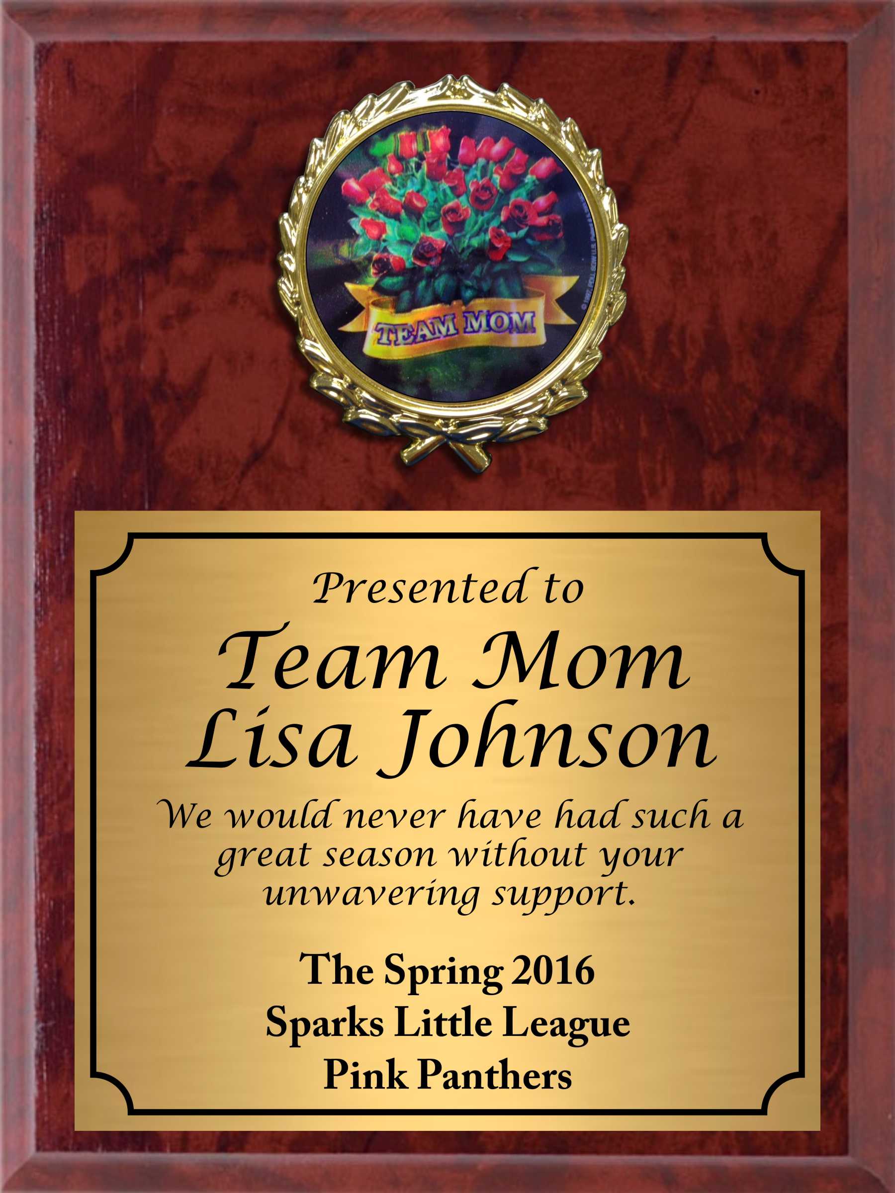 Economy Heat Transfer Team Mom Plaque with Red Roses Medallion