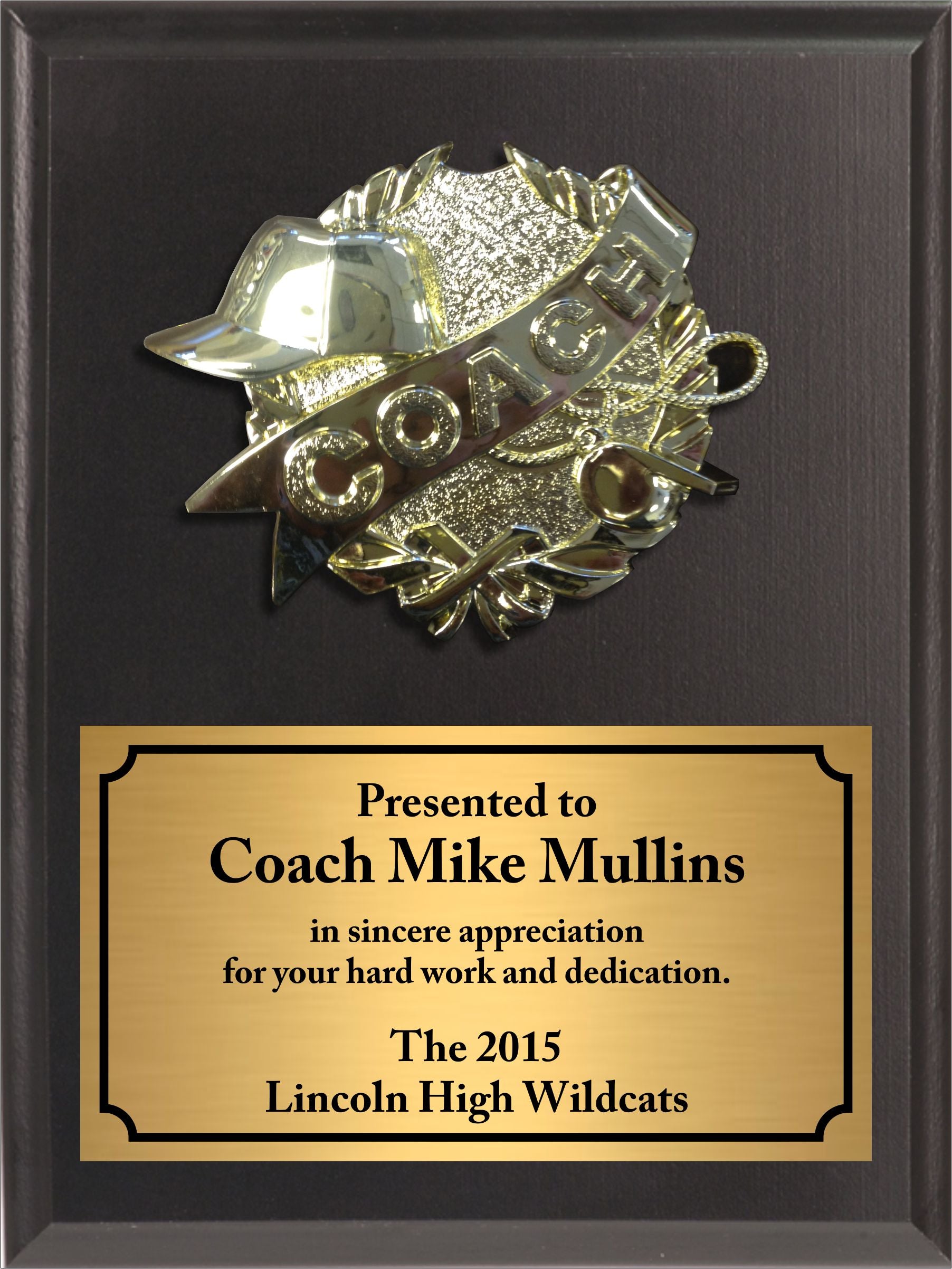 Economy Heat Transfer Coach Plaque with Sculpted Gold Plaque Mount