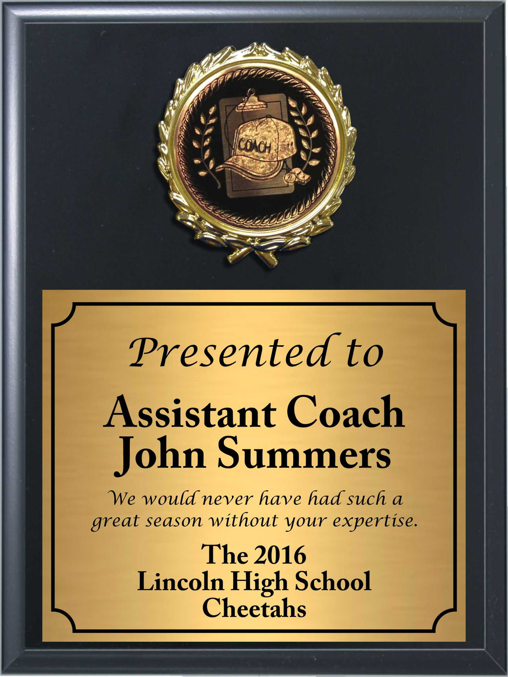 Economy Heat Transfer Coach Plaque with Black and Gold Coach Medallion