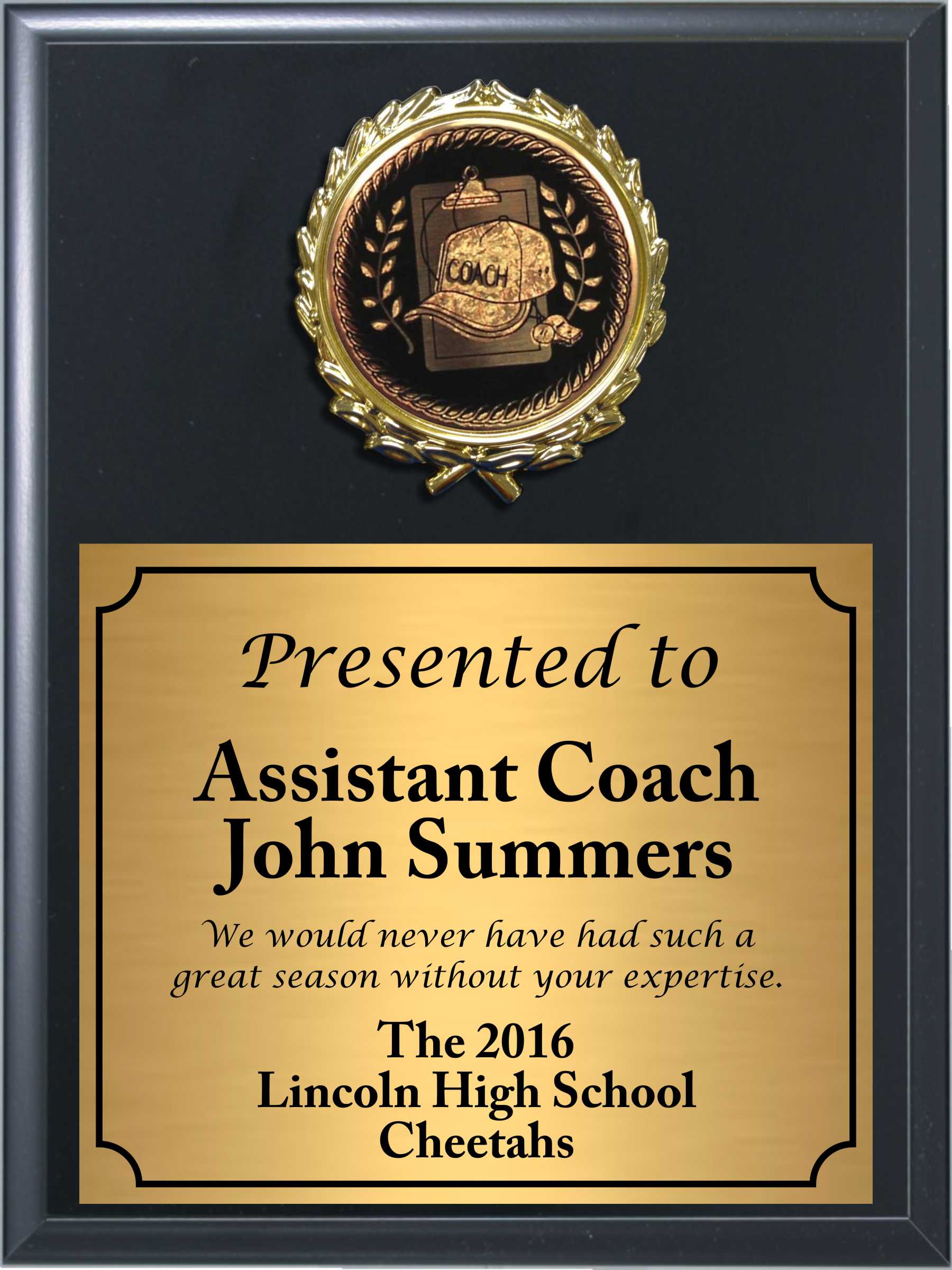 Economy Heat Transfer Coach Plaque with Black and Gold Coach Medallion