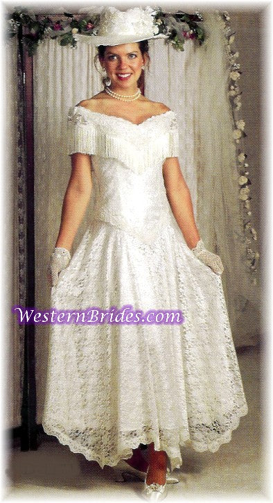 Fringe Off-Shoulder Western Wedding Gown, Ivory, size 8