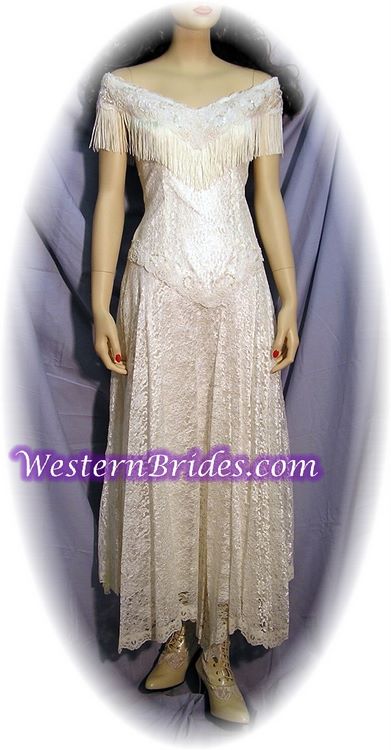 Fringe Off-Shoulder Western Wedding Gown, Ivory, size 8