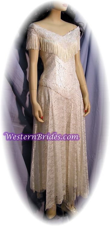 Fringe Off-Shoulder Western Wedding Gown, Ivory, size 8