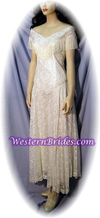 Fringe Off-Shoulder Western Wedding Gown, Ivory, size 8