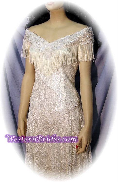 Fringe Off-Shoulder Western Wedding Gown, Ivory, size 8