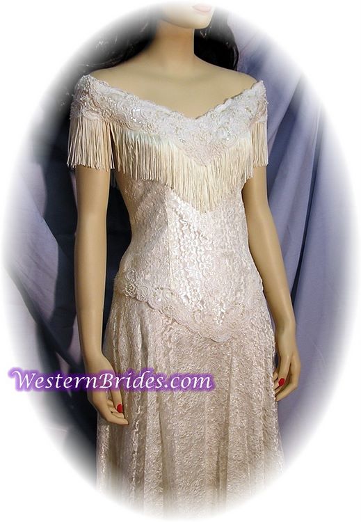 Fringe Off-Shoulder Western Wedding Gown, Ivory, size 8