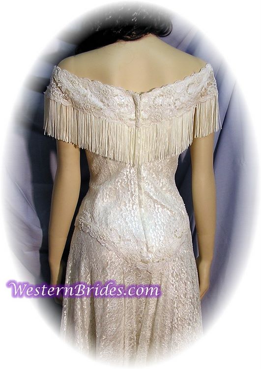 Fringe Off-Shoulder Western Wedding Gown, Ivory, size 8