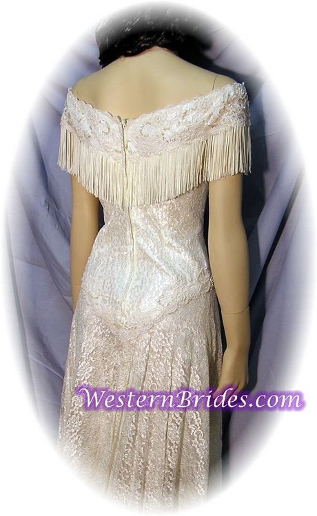 Fringe Off-Shoulder Western Wedding Gown, Ivory, size 8