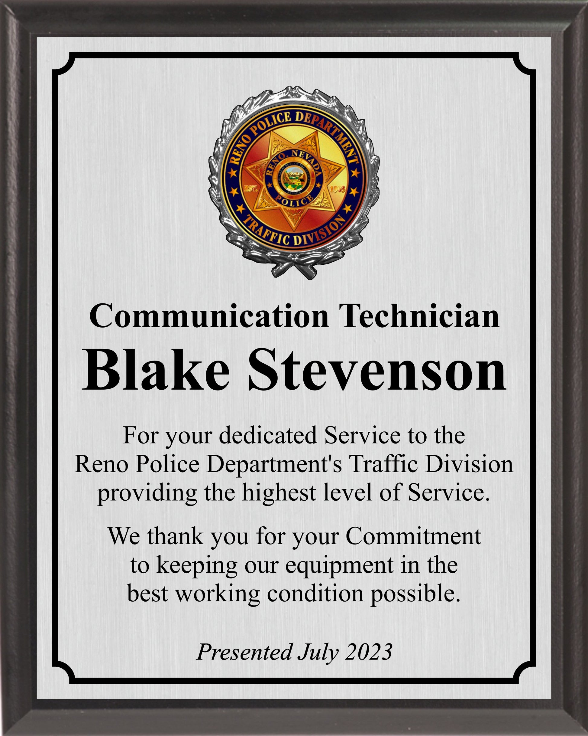 Traffic Division Plaque