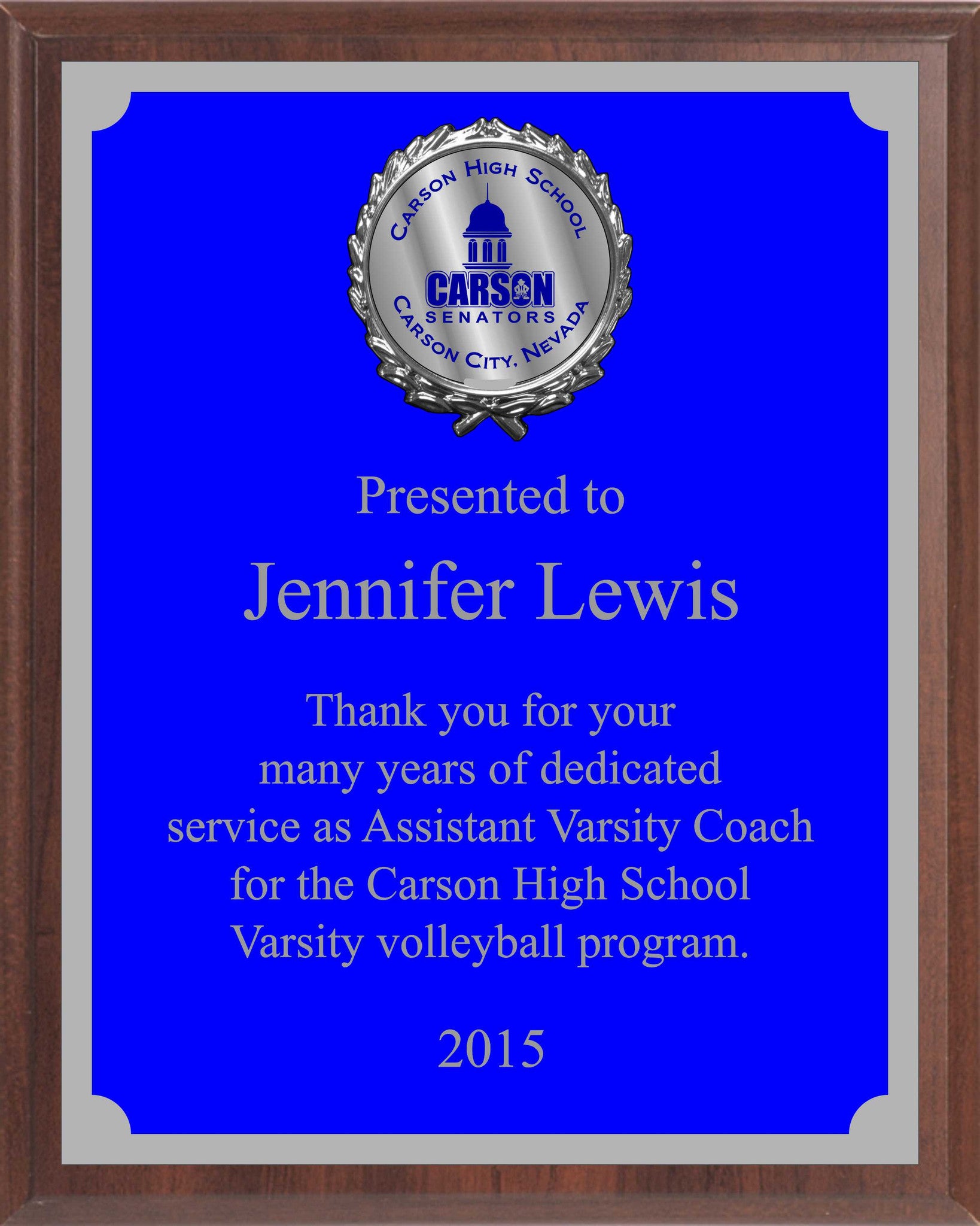 Economy Engraved Wall Plaque with blue aluminum plate, coordinating border and raised medallion holder