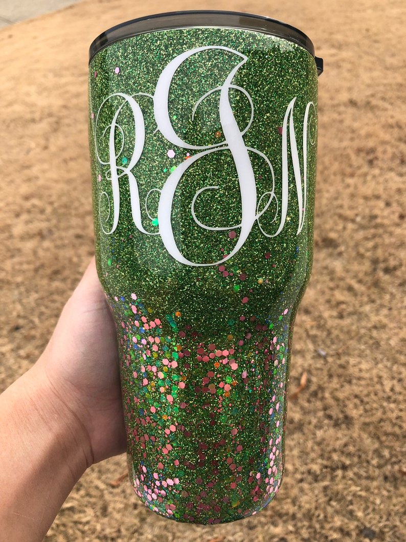 Monogram Custom Glitter Tumbler, Green-Gold