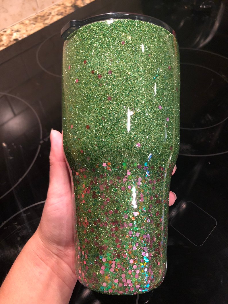 Monogram Custom Glitter Tumbler, Green-Gold