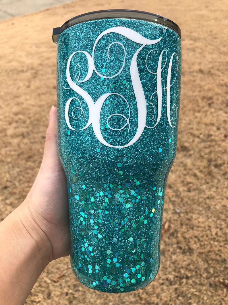Monogram Custom Glitter Tumbler, Teal