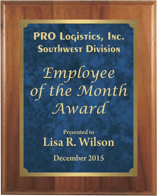 Premium Solid Hardwood Plaque with Blue Patina Marble and Gold Plate