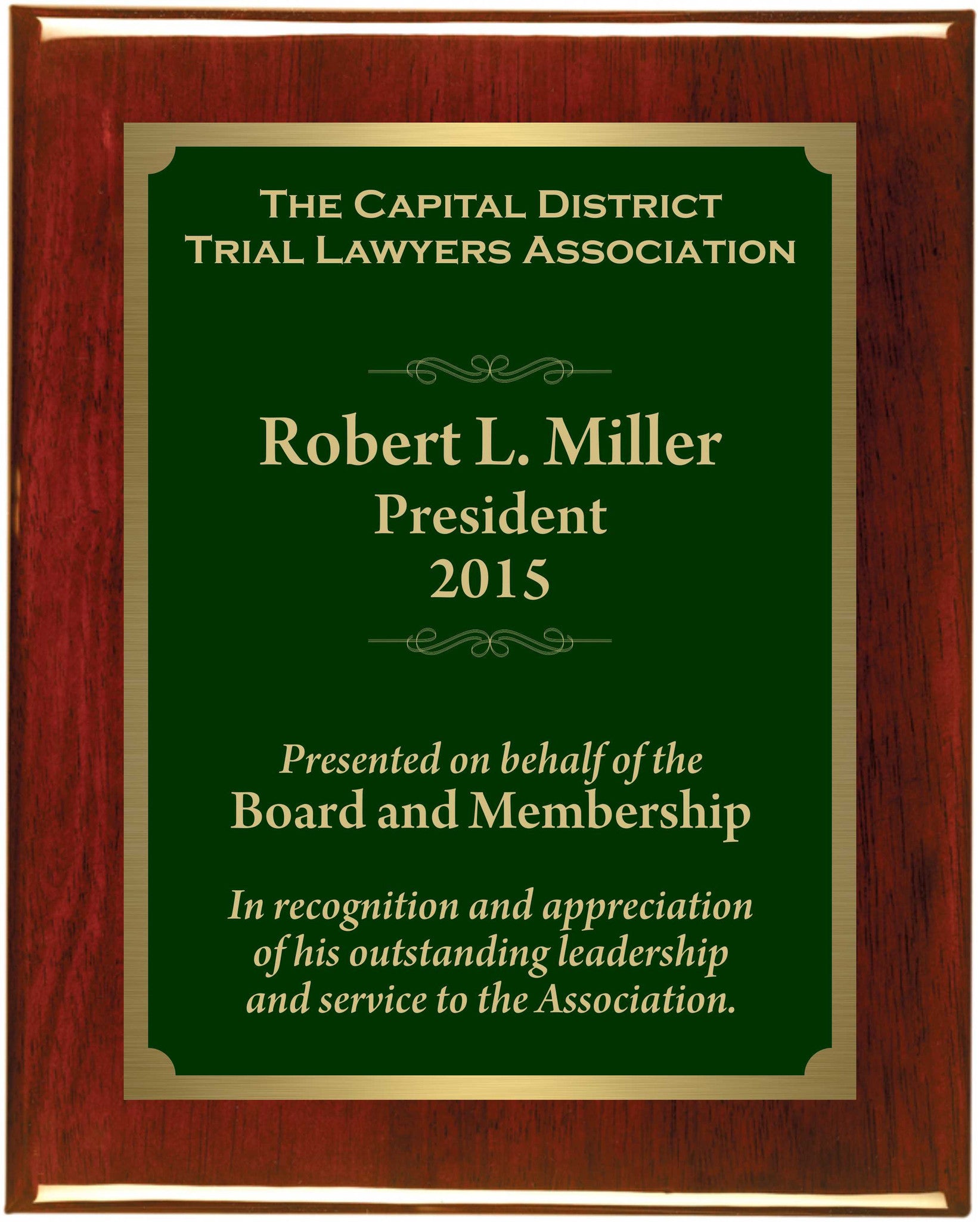Premium Solid Hardwood Plaque with Green and Gold Plate