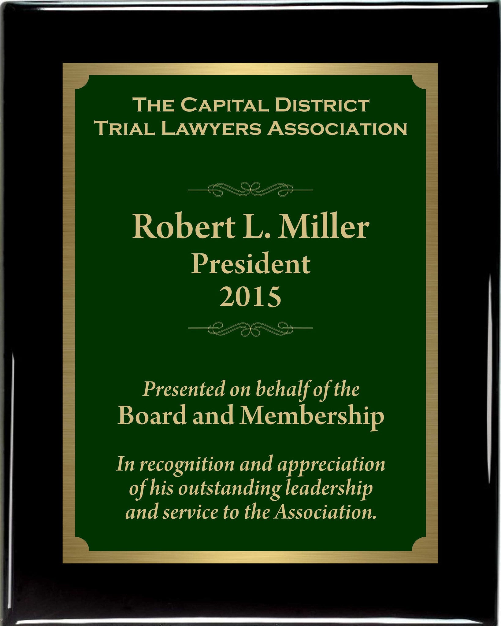 Premium Solid Hardwood Plaque with Green and Gold Plate