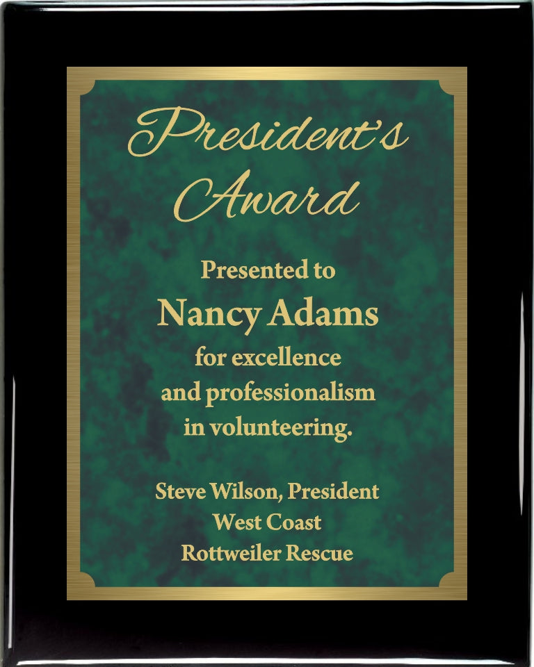 Premium Solid Hardwood Plaque with Gold and Green Patina Marble Plate