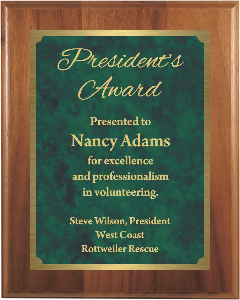 Premium Solid Hardwood Plaque with Gold and Green Patina Marble Plate