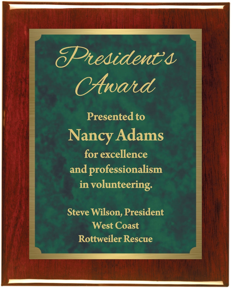 Premium Solid Hardwood Plaque with Gold and Green Patina Marble Plate
