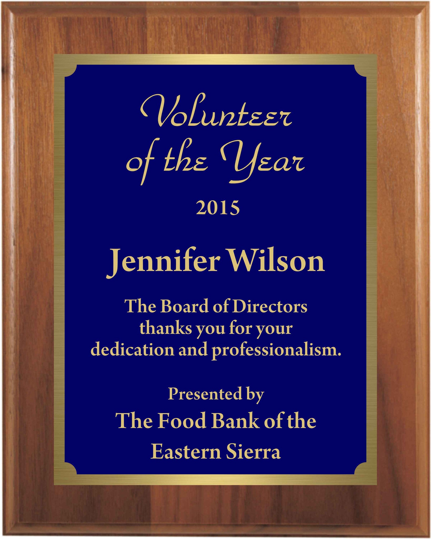 Premium Solid Hardwood Plaque with Engraved Royal Blue Brass Plate