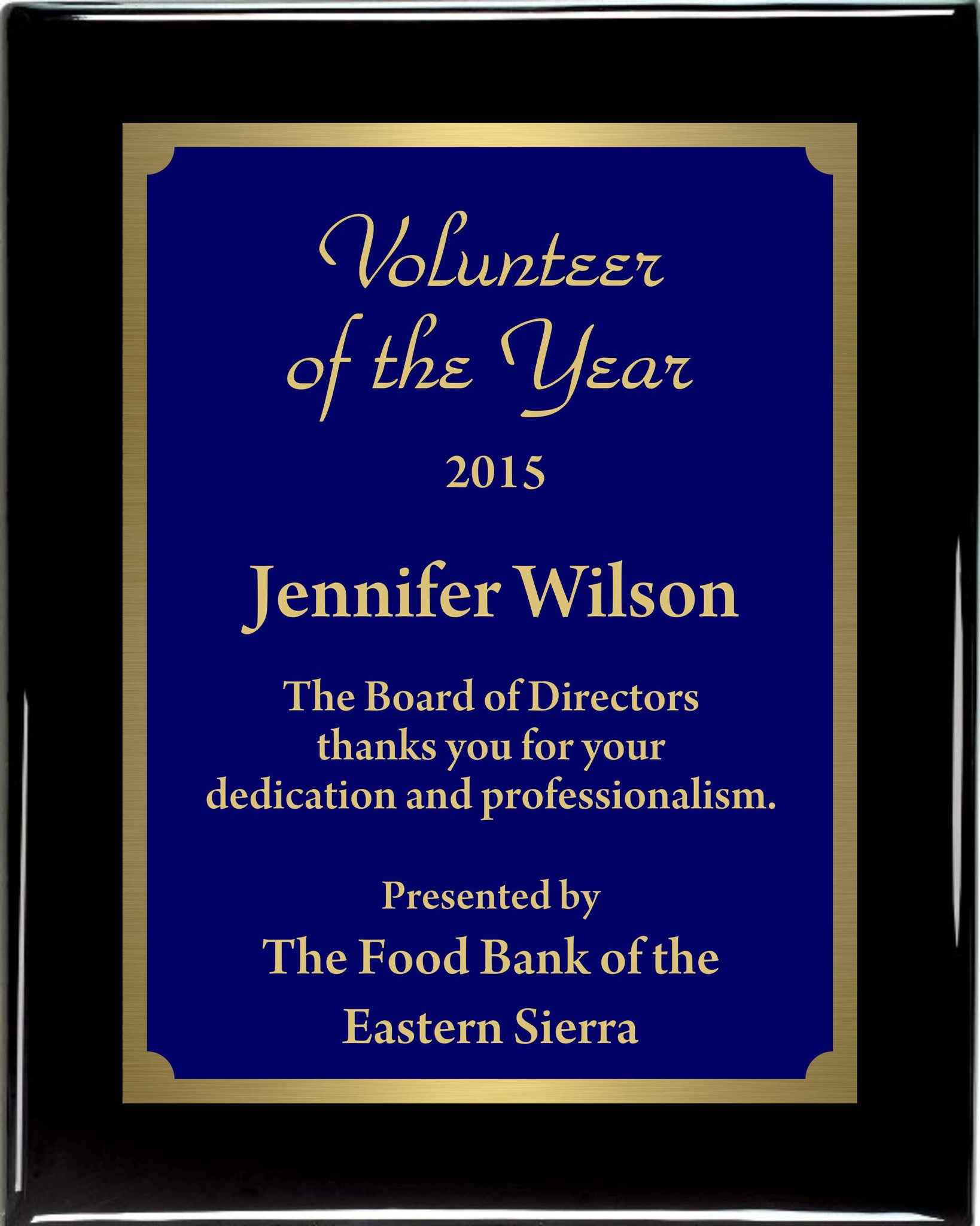 Premium Solid Hardwood Plaque with Engraved Royal Blue Brass Plate