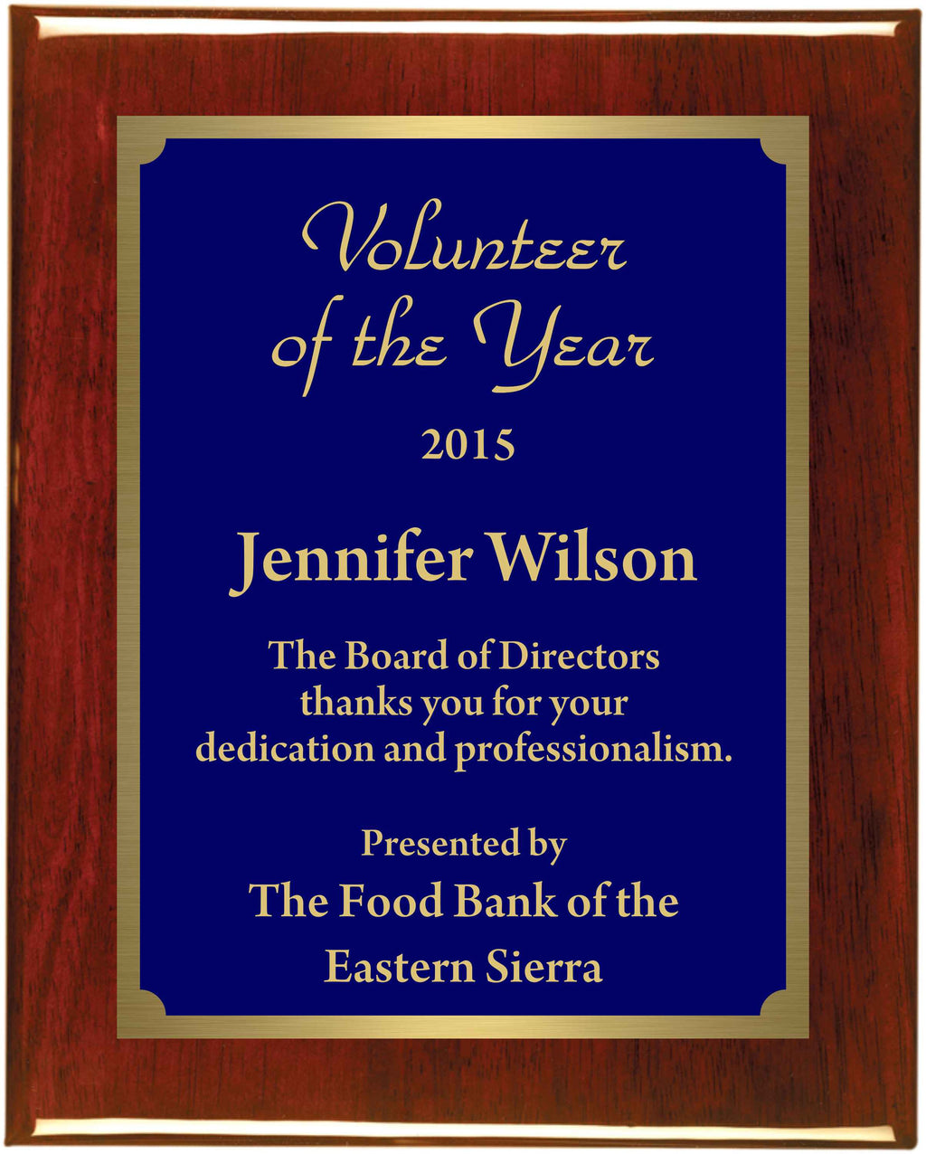 Premium Solid Hardwood Plaque with Engraved Royal Blue Brass Plate