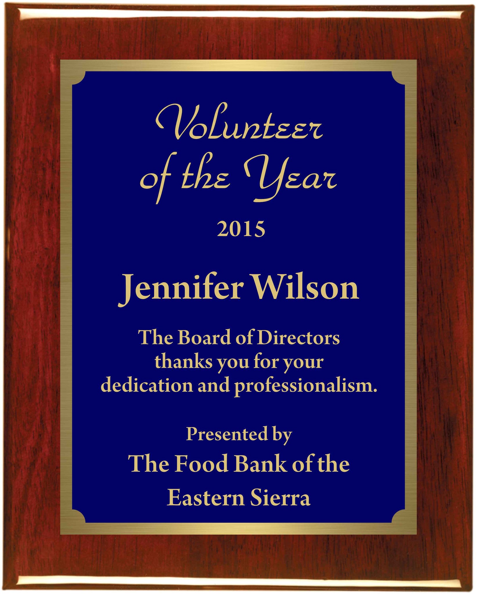 Premium Solid Hardwood Plaque with Engraved Royal Blue Brass Plate