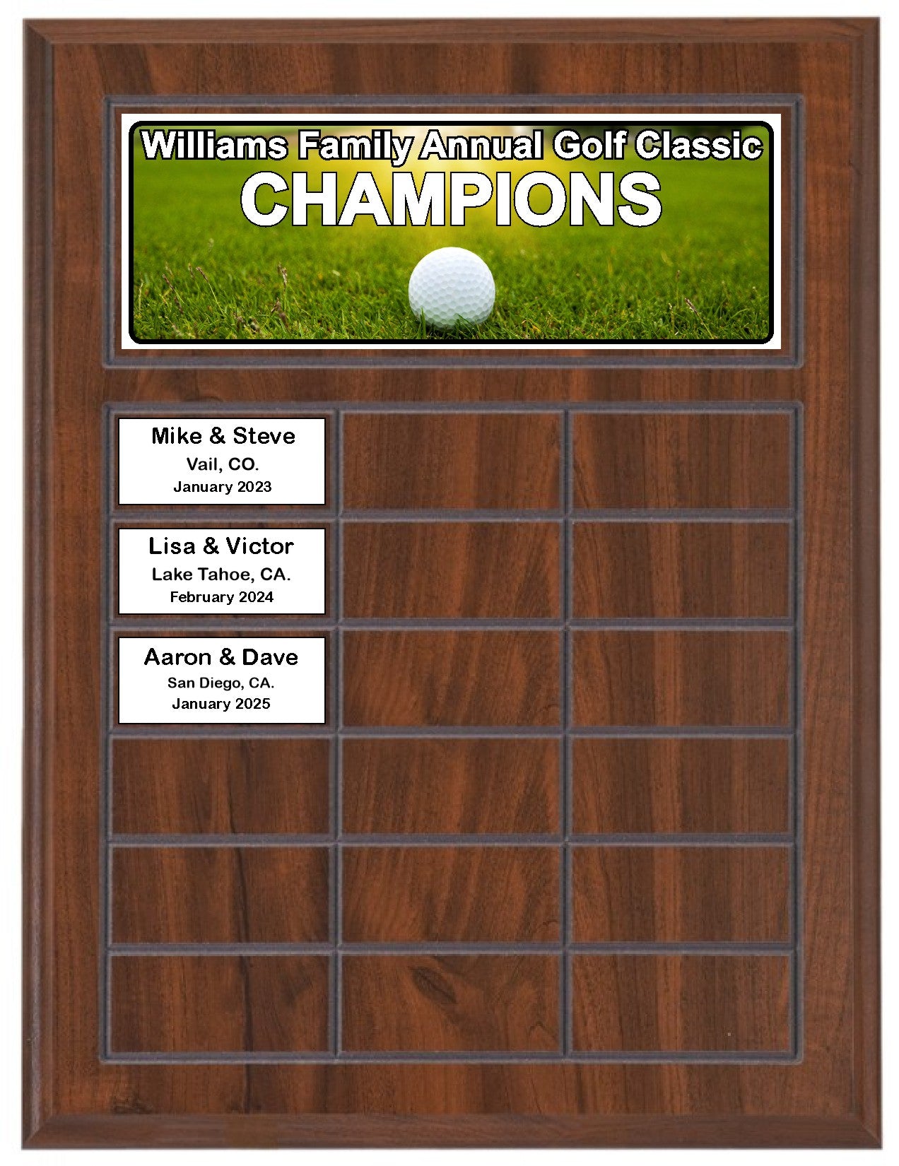 Routed Full-Color Perpetual Plaque, Brown with 18 White Full-Color Plates