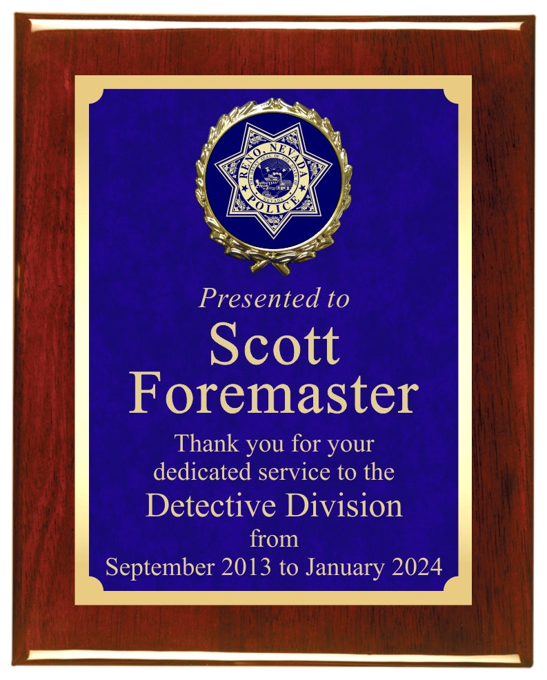 Premium Solid Hardwood Plaque with Blue Marble Texture Plate and Raised Medallion Holder
