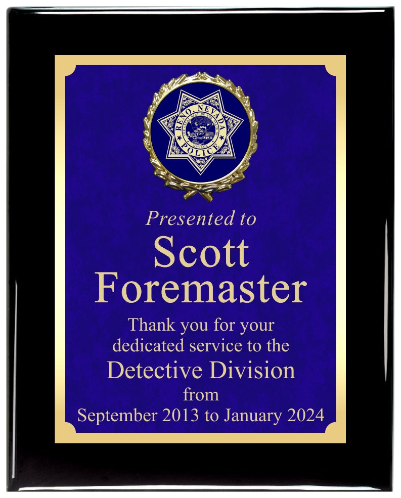 Premium Solid Hardwood Plaque with Blue Marble Texture Plate and Raised Medallion Holder