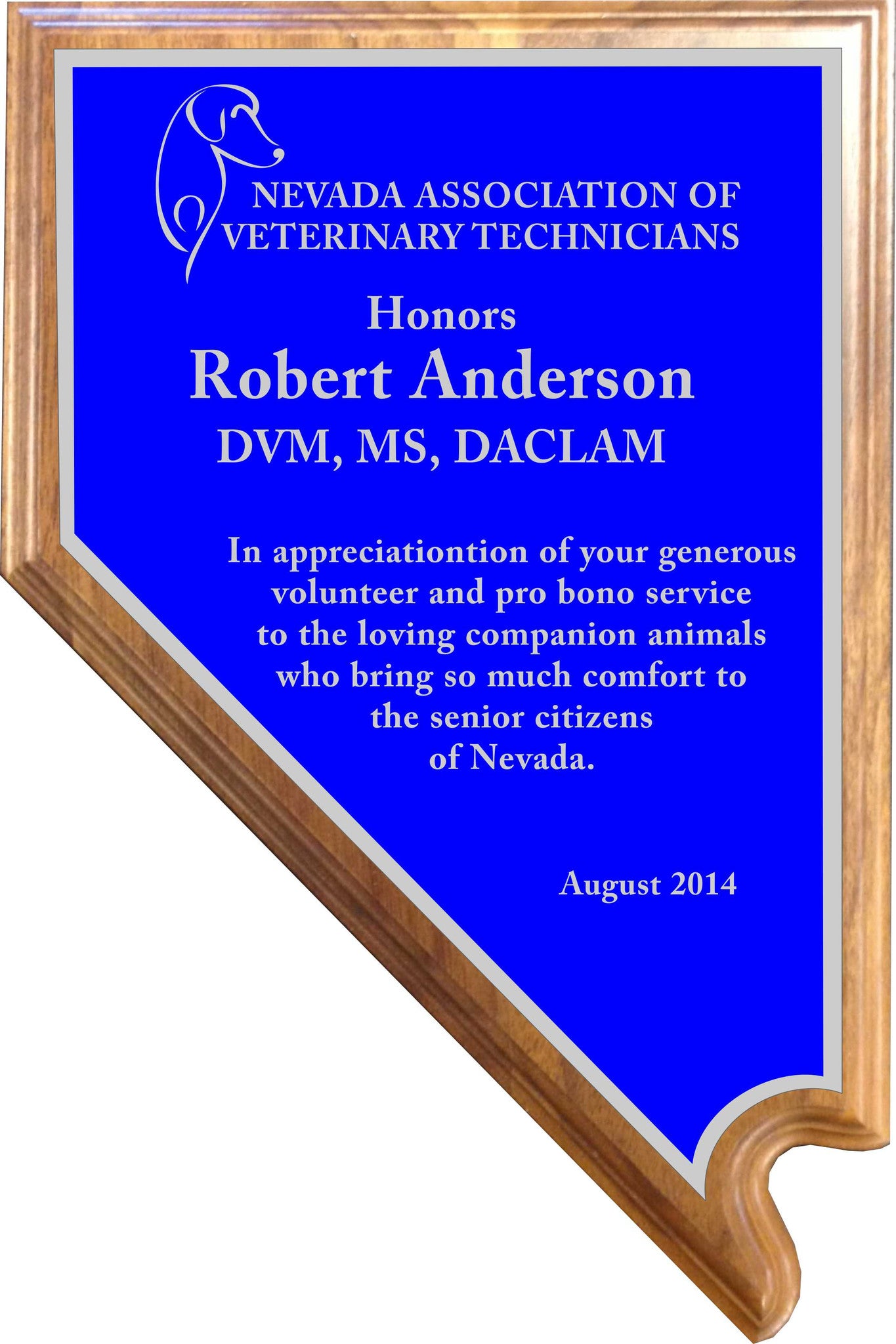 Solid Walnut Nevada Shaped Plaque with Nevada Shaped Engraved Plate