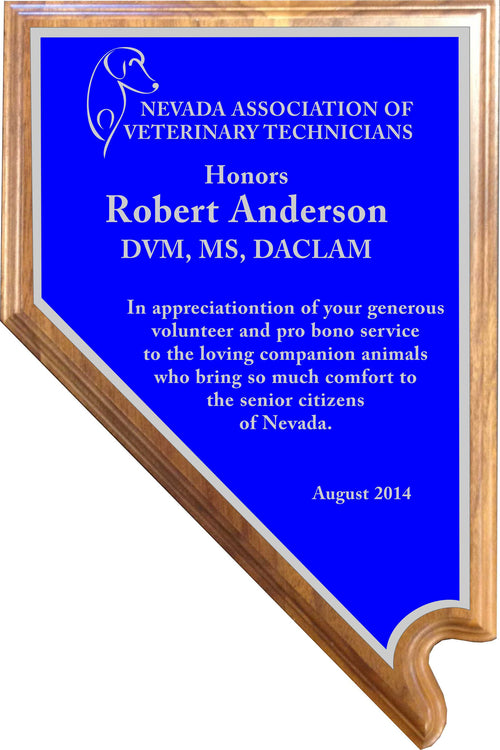 Solid Walnut Nevada Shaped Plaque with Nevada Shaped Engraved Plate