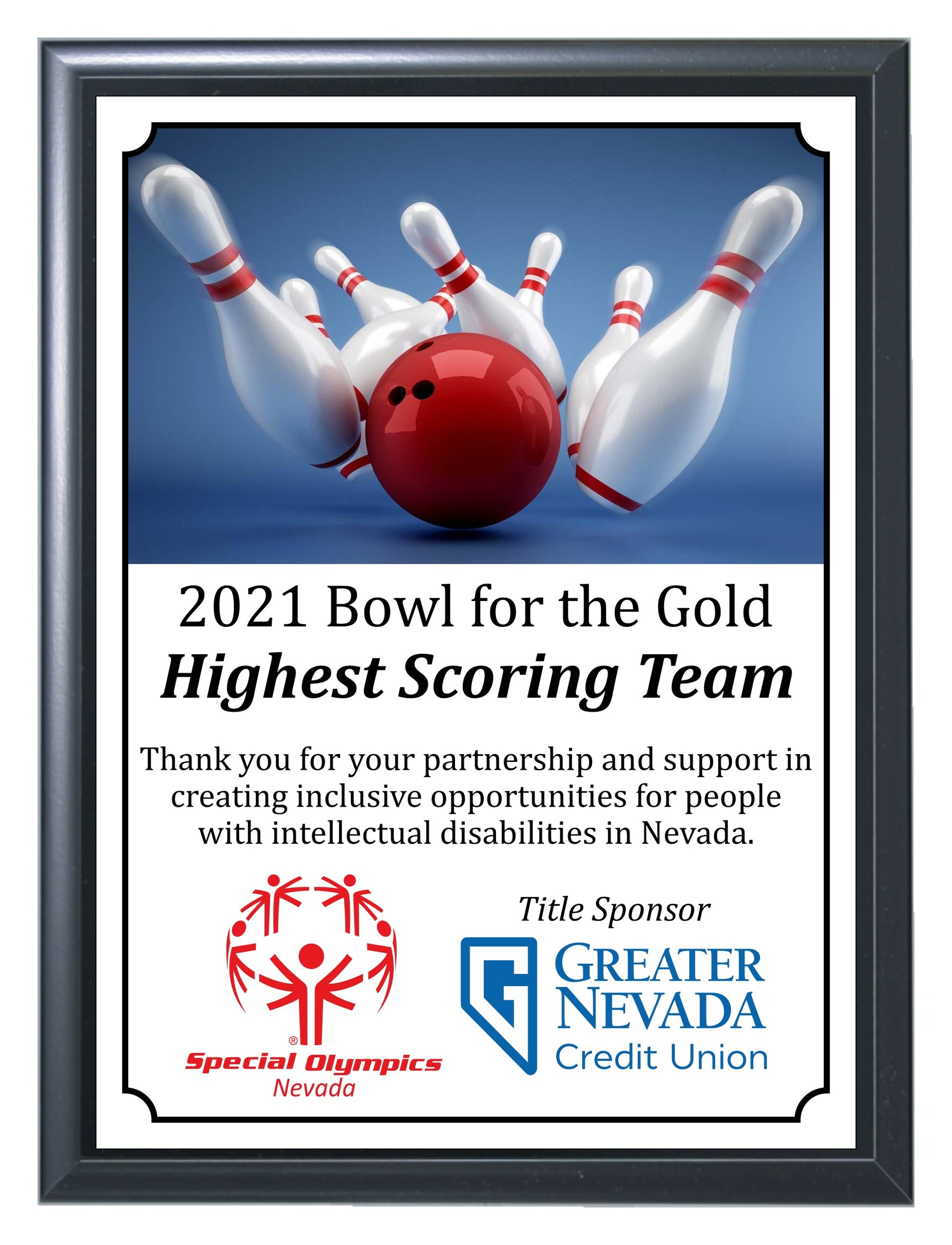 Bowl For The Gold 2021 Highest Scoring Team Plaque