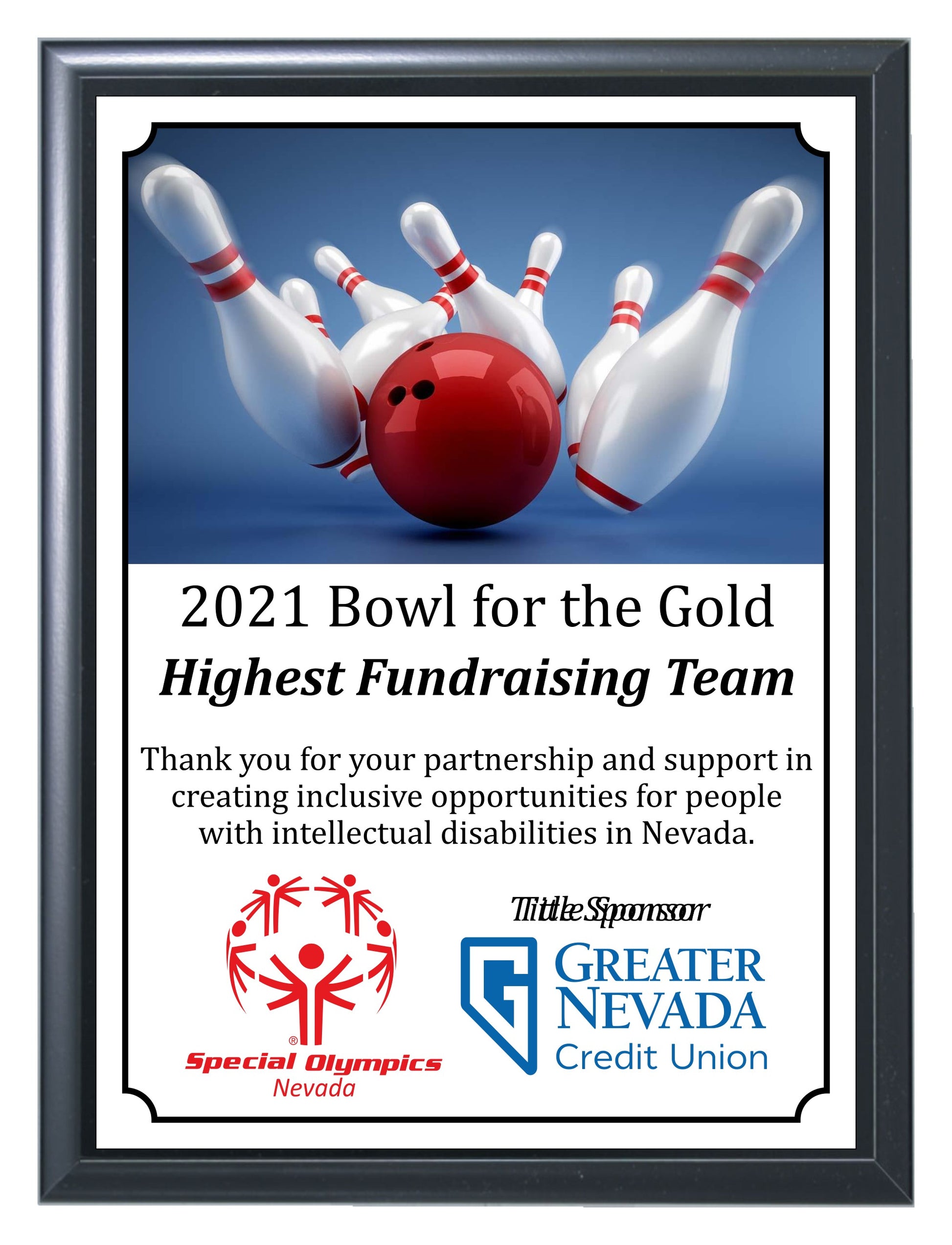 Bowl For The Gold 2021 Highest Fundraising Team Plaque