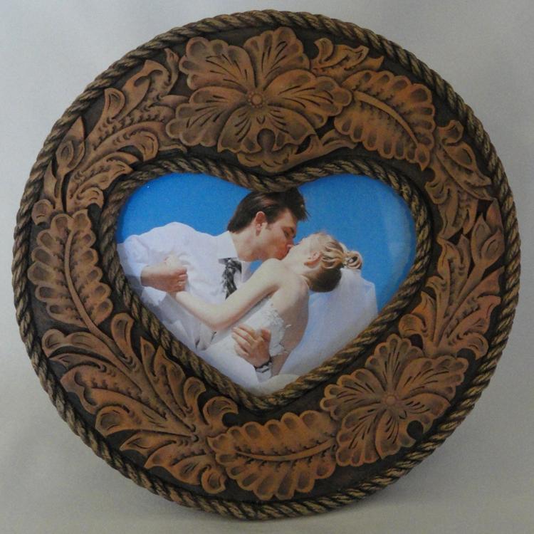 Tooled Leather Look Heart Frame, Brown